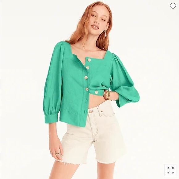 J. Crew 2X 100% Linen Square Neck Puffy Sleeves Kelly Green Blouse lightweight - Picture 6 of 16